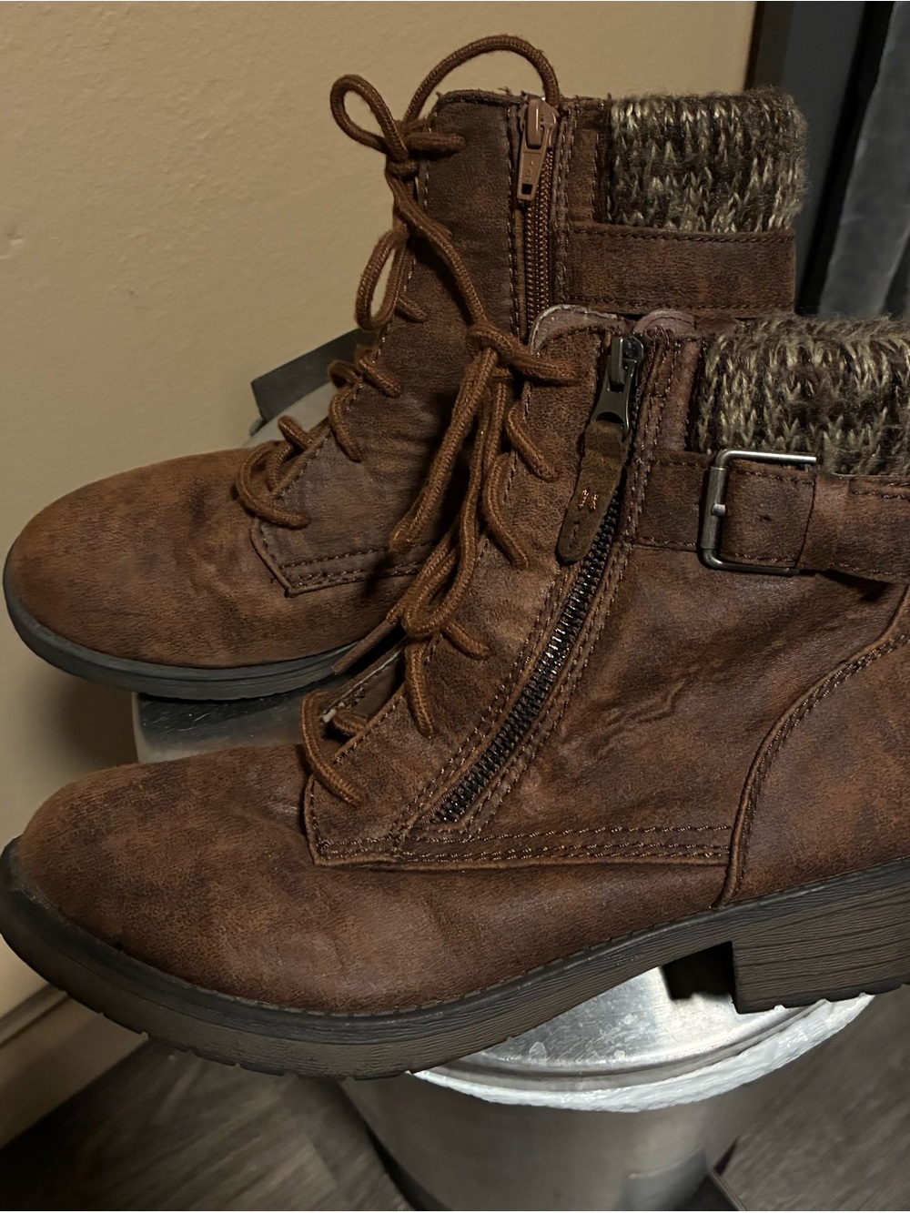 Faded Glory Brown Lace-Up Ankle Booties with Knit Cuff